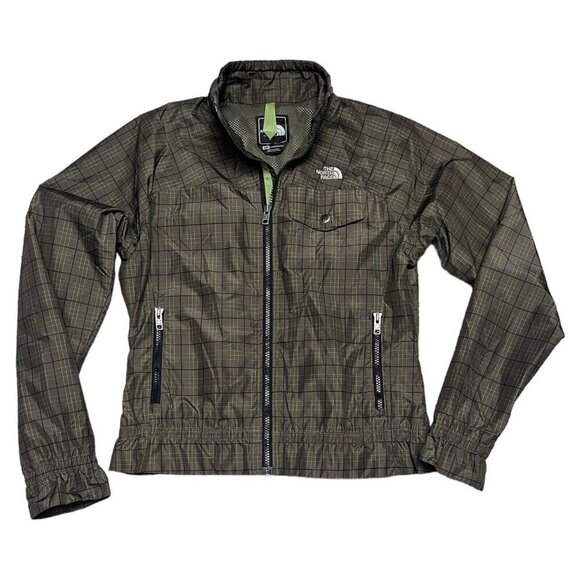 The North Face Nylon Windbreaker Jacket Check Print Zipper Green - Size Small - Picture 1 of 6